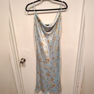 Forever 21 Women's Satin Blue Floral Paisley Print Midi Slip Dress M Y2K Fairy